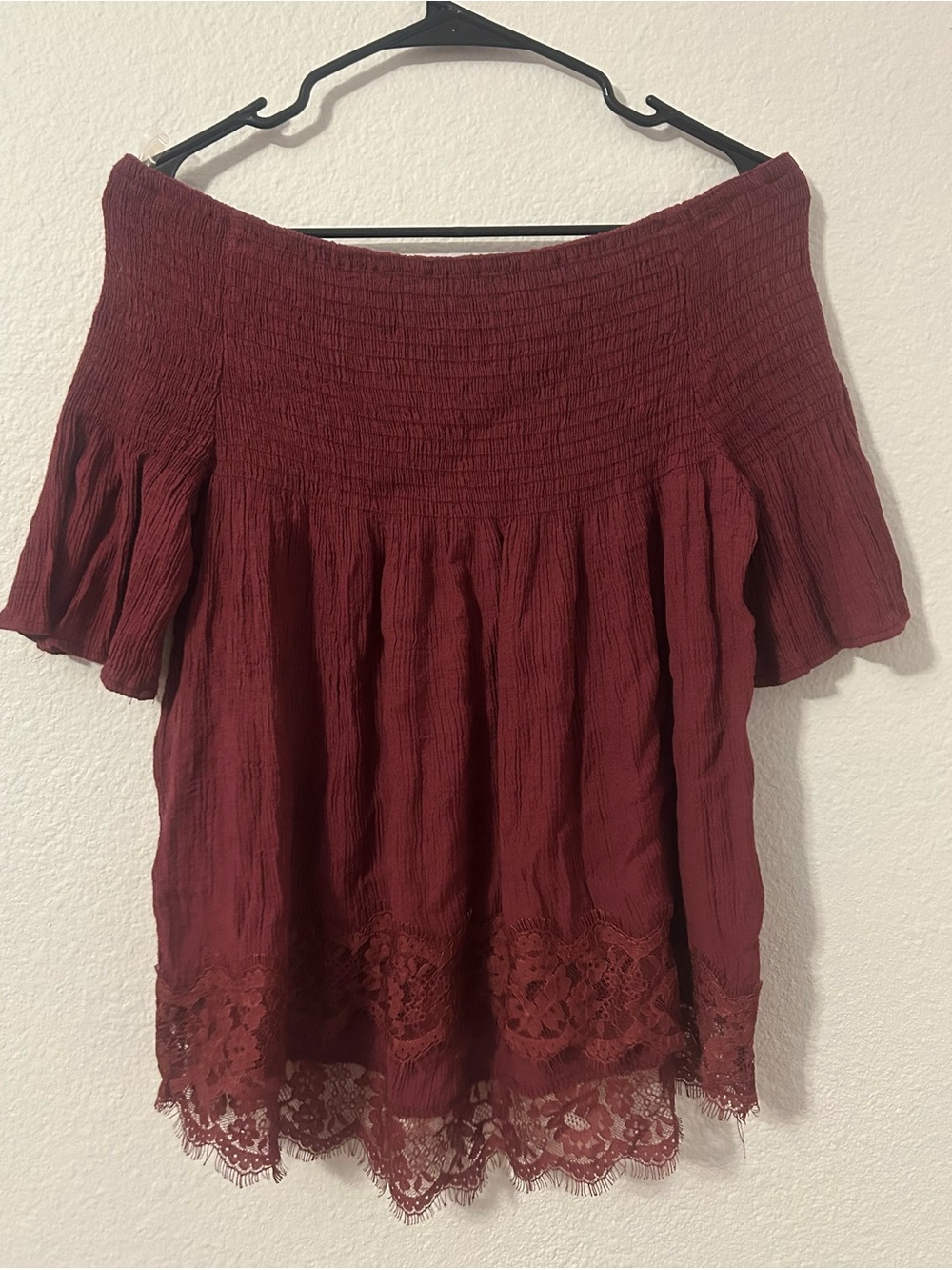 Off-Shoulder Lace-Hem Women's Top in Burgundy